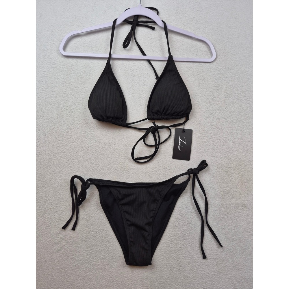 Black Ribbed Bikini Size Small Triangle Halter Set Side Tie Bottom Padded NEW